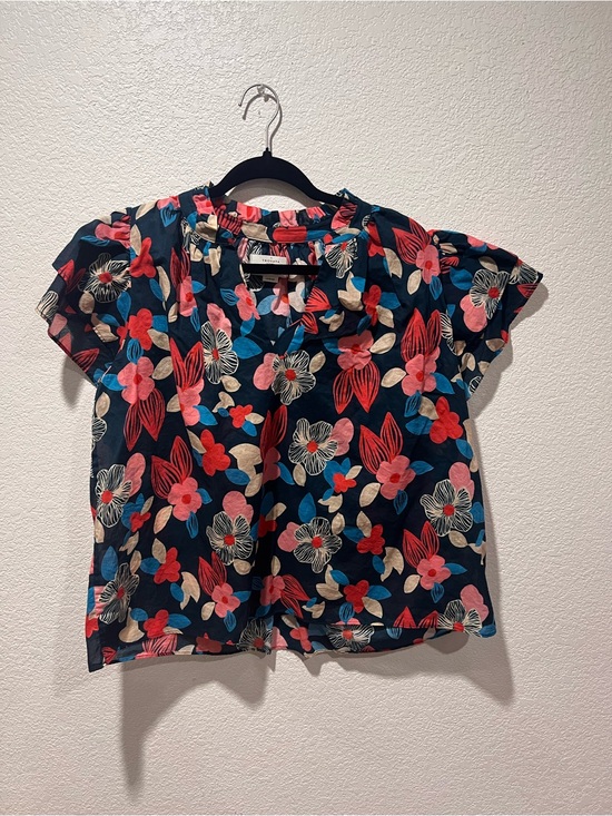 Birds Of Paradise Tops - Navy Floral Short Sleeve Blouse Large